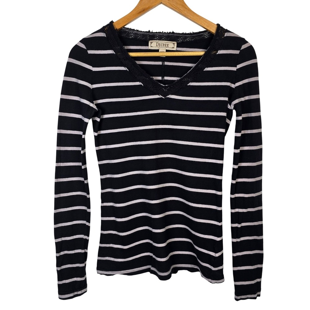 Decree Black‎ & Beige Striped Long Sleeve Top V Neck with Lace Trim Size M Y2K